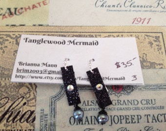 Thin black sparkle ribbon, crystal and genuine black pearl earrings