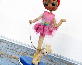 Vintage Stockinette Doll, Big Eye Japan Doll, Vintage Pose Doll with Dog