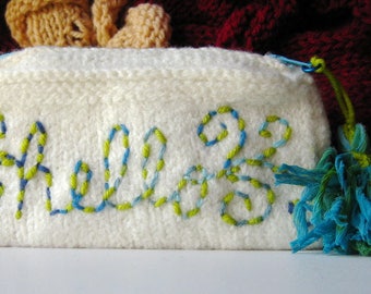 Hello Cell Phone Cover, Hand Knit Felted Wool, White with aqua, lime, blues, IPhone, Galaxy, Universal Phone Case, Zip, Pouch, Bag, Clutch