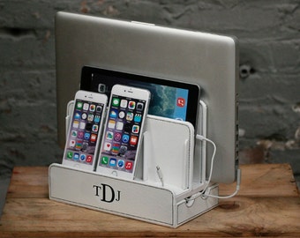 Customized Family White Vegan Leather Multi Charging Station and Dock with Cord Organizer | Monogram | Personalized