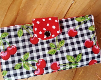 Cherry Checkbook Cover, Cherry Coupon Wallet, Fabric Checkbook Cover, Cherry Accessory, Cherry Checkbook Case, Gingham Checkbook