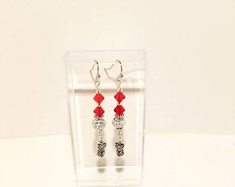 Ruby Red Swarovski Crystal Heart Earrings, Heart Valentine Earrings, Valentines Dangle Earrings, Red Valentines Earrings, Red Heart Earrings
