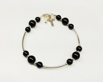 Black Onyx Easter Cross Bracelet Silver Sterling Bracelet Easter Gift Adjustable Bracelet Sterling Silver Bracelet Black Onyx BuyAny3+1 Free