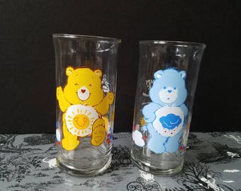 1983 Care Bears Pizza Hut Glasses ~ Funshine Bear ~ Grumpy Bear