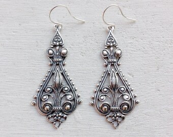 Gifts For Her-Antique Silver Earrings-Bohemian Earrings-Boho Earrings-Chandelier Earrings-Filigree Earrings-Silver Earrings-Gift for Her
