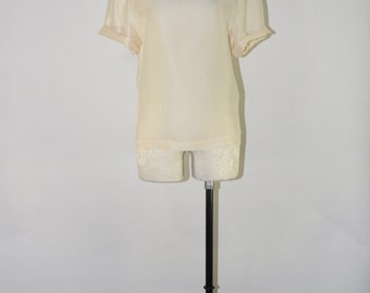 cream silk blouse / vintage silk tee shirt / 90s silk blouse / short sleeve silk top