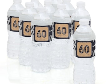60th Birthday Party - Water Bottle Sticker Labels - Personalized Waterproof Self Stick Labels - 60th Milestone Birthday Favors - 10 Ct.
