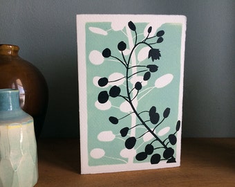 Hand printed lino card - Original print - Simple 'Oval Leaf' block design. Thank You, Greeting & 'Just Because' cards