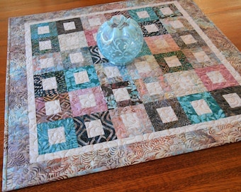 Quilted Batik Table Topper in Shades of Pink Aqua Blue and Brown, Large Table Topper, Quilted Tablecloth, Dining Table Decor Wedding Gift