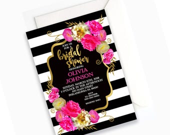 BRIDAL SHOWER INVITATION- Stripes and Floral Bridal Shower, Bridal Shower Invite, Wedding Shower, Floral Invitation
