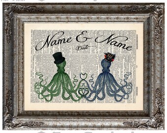 Octopuses In Love with Names & Date on Vintage Upcycled Dictionary Art Print Book Art Print Anniversary Wedding Cephalopods Customized