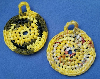 Two Plarn Dish Scrubbies, black and yellow, recycled plastic bags, dish scrubby pot scrubber