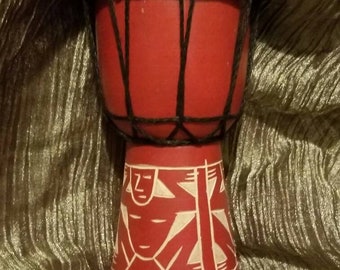 Red Mini Carved Djembe Mahogany Ritual Drum altar drum