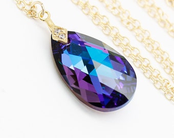 Collier bleu violet améthyste pendentif aubergine en Vermeil or, bleu des demoiselles d’honneur mariées collier Swarovski poire Heliotrope Collier pendentif