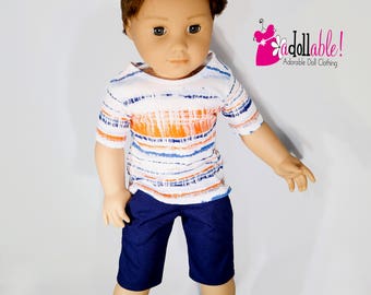 18 inch boy doll clothes, boy doll clothing made to fit like american girl doll clothes, orange/navy/white striped T-shirt and navy shorts