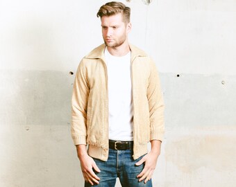 Vintage 1970s CORDUROY Bomber Jacket . Mens Flight Aviator 70s Insulated Outerwear Brown Beige Short Coat Zip Up Retro Jacket . size Small