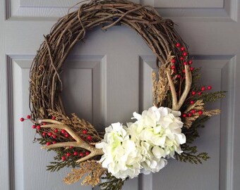 Antler Wreath - Christmas Wreath - Christmas Antler Wreath - Berry Wreath - Wreath for Front Door - Winter Wreath - Holiday Wreath - Wreath