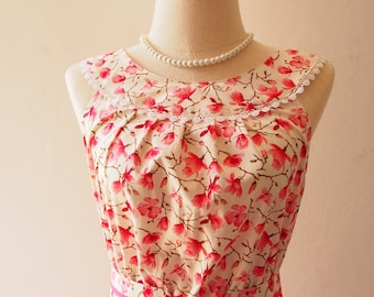 Tea Party - Pink Floral Dress Inspired Dress Vintage Style Sundress Floral Dress White Sundress Floral Bridesmaid Dress