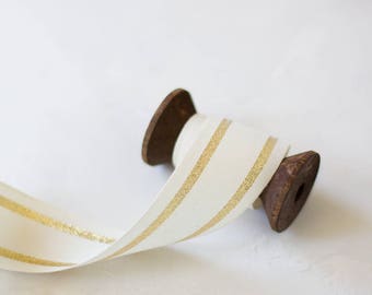 Gold Metallic + Natural French Stripe Cotton Ribbon (with Wooden Spool) - 5 yards - 1.5" wide