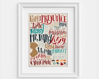 Jane Austen's Pride and Prejudice print with characters and places from the novel (12,60 x 18,10)