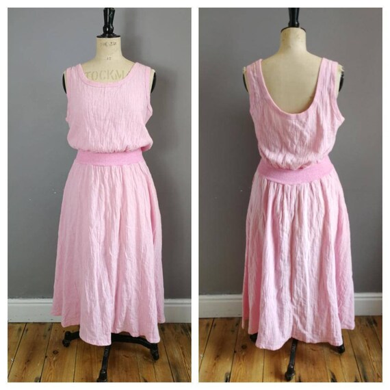 Vintage cheesecloth dress / pink cotton cheesecloth long dress / 80s cotton sun dress / pink beach dress low back /