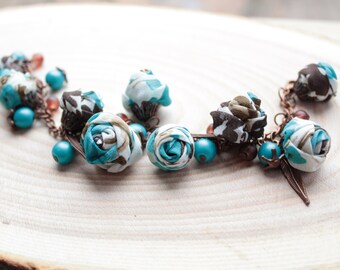 Fabric bracelet Rose bracelet Blue brown textile bracelet Fabric jewelry Flower bracelet Floral jewelry Clusters bracelet