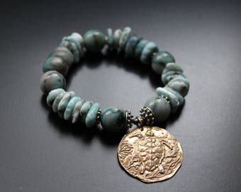 Larimar and Green Girl Studios sea turtle charm bracelet, beach boho bracelet, ocean blues stretch bracelet, Bali sterling stacking bracelet