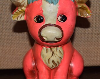 1970s Chalkware Neon Bull Cow Piggy Bank