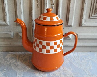 French enamel coffee pot chequered orange and white vintage, 1930's, enamel jug, cafétiere, enamelware kitchenalia, antique country decor