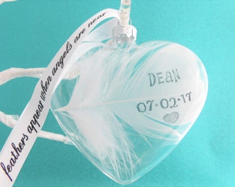 Personalised Real White Feather Memorial Heart Bauble Custom Name / Date Glass Hanging Decoration Memory Sympathy Remembrance Keepsake
