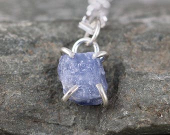 Uncut Raw Rough Denim Blue Sapphire Pendant Necklace - September Birthstone - Sterling Silver Sapphire Pendant - Raw Blue Gemstone