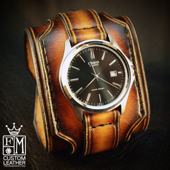 Leather cuff watch Tobacco sunburst wide layered Brown watch band cuff Bracelet Handmade for YOU in USA by Freddie Matara