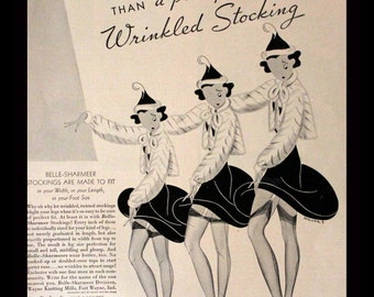 1937 Belle Sharmeer Stockings Ad - Nylons - Pantyhose - Thigh High - Garters - Stockings - Lingerie - Retro Vintage Fashion Advertising