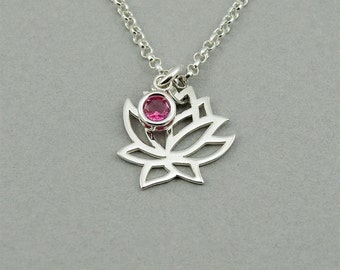 Lotus Necklace - Sterling Silver Lotus Flower Necklace, Lotus Flower Jewelry, Yoga Jewelry, Yoga Gifts, Birthstone Necklace