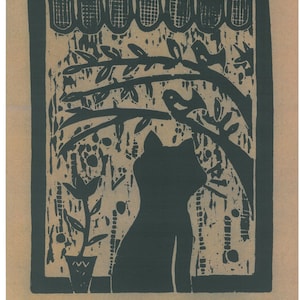 Original Woodcut Print "Spring" by Lithuanian folk artist Adele Brazenaite