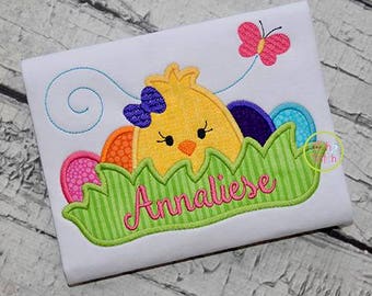 Personalized Easter Chick with Eggs in Grass Applique Shirt or Bodysuit Girl or Boy