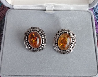 Vintage, Faux Amber, and Silver Clip-on Style Earrings