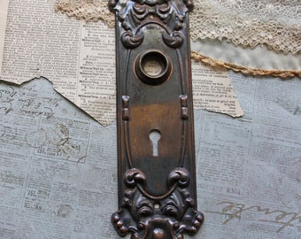 Ornate Door Knob Back Plate- Fancy ESCUTCHEON Plate- Old Door Hardware Salvaged Door Plate- Victorian Front Door- N27