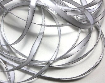 1/4" White Satin Ribbon with a Silver Lurex Edge - Spool - 50 yards