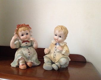 Pair Vintage Lefton China Piano Baby boy and baby girl