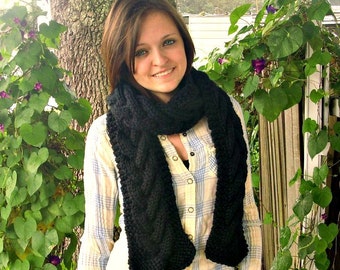 Black Knit Scarf - Black Cable Scarf - Black Scarf Black Womens Scarf Black Chunky Scarf Black WInter Scarf Womens Accessories