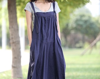 Overall Dress, maxi dress, pinafore dress, linen dress, suspender skirt, woman dress, plus size dress, linen overall, maxi dress C278