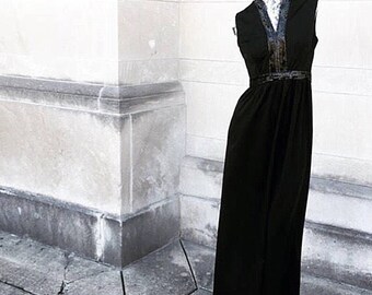 Vintage 60s 70s Long Black Sleeveless Maxi Dress with Sequin Trim small