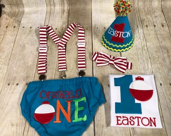 Boys Cake Smash Outfit - Fishing Party - Ofishally One - The Big One - Diaper Cover, Bow Tie & Hat - Shirt - Bobber - First 1st Birthday