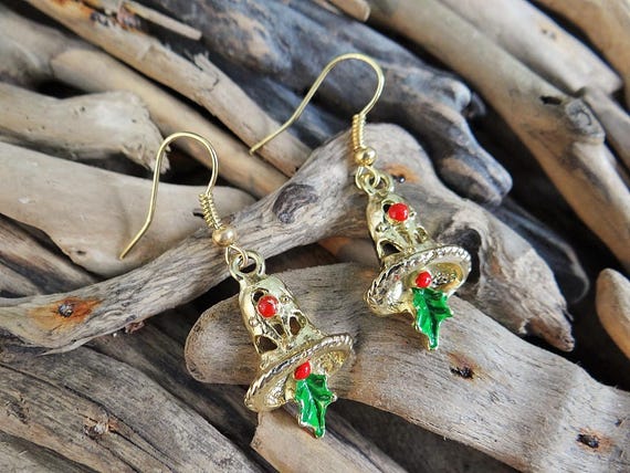 Christmas Xmas Jingle Bells Bell Earrings Gold Tone Holly Leaves Berries Festive Spirit Enamel Enameled