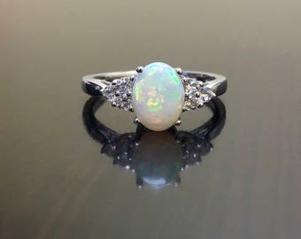 Diamond Opal Engagement Ring - Art Deco Opal Diamond Wedding Ring - 14K White Gold Diamond Opal Ring - Opal Diamond Ring - Gold Opal Ring