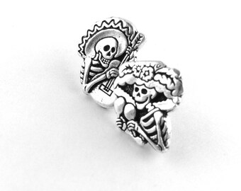 Day of the Dead Earring Studs Sterling Silver Sugar Skull Earrings Dia De Los Muertos Mismatched Stud Earrings Skull Stud Men Women