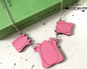 Pink Tulip Necklace, (wooden laser cut)