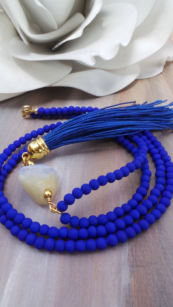 Blue tassel necklace. Dainty tassel necklace. Long beaded