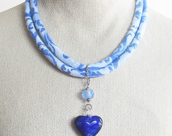 Necklace, fabric necklace, textile jewelry, boho chic jewelry, bohemian necklace, blue necklace, blue glass heart, hippie necklace